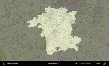 Worcestershire 'da. Birleşik Krallık 'ın idari alanı karartılmış bir OpenStreetMap tarzı Alman haritasına vurgulanmış ve özetlenmiştir