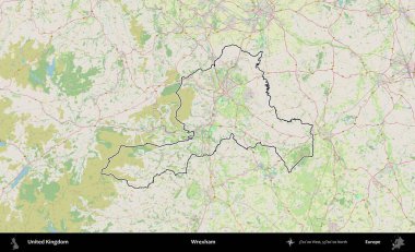 Wrexham. Bir OpenStreetMap Alman stil haritasında Birleşik Krallık 'ın özetlenmiş idari alanı