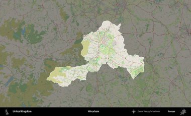 Wrexham. Birleşik Krallık 'ın idari alanı karartılmış bir OpenStreetMap tarzı Alman haritasına vurgulanmış ve özetlenmiştir