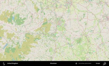 Wrexham. Bir OpenStreetMap Alman stil haritası üzerinde Birleşik Krallık 'ın idari alanı