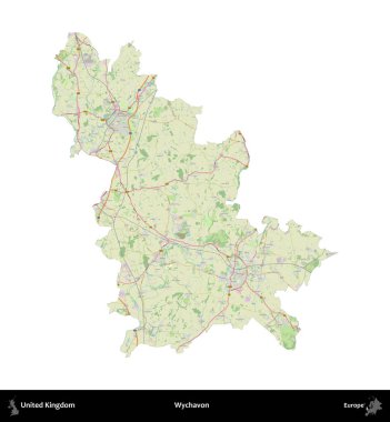 Wychavon. Birleşik Krallık 'ın idari alanı bir OpenStreetMap Alman stili haritasında beyazda izole edildi