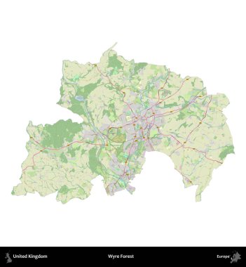 Wyre Ormanı. Birleşik Krallık 'ın idari alanı bir OpenStreetMap Alman stili haritasında beyazda izole edildi