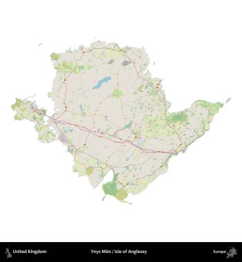 Anglesey 'li Ynys Mon Adası. Birleşik Krallık 'ın idari alanı bir OpenStreetMap Alman stili haritasında beyazda izole edildi