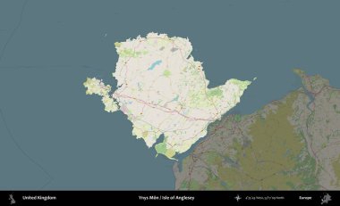 Anglesey 'li Ynys Mon Adası. Birleşik Krallık 'ın idari alanı karartılmış bir OpenStreetMap tarzı Alman haritasına vurgulanmış ve özetlenmiştir