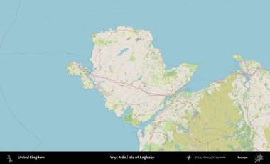 Anglesey 'li Ynys Mon Adası. Bir OpenStreetMap Alman stil haritasında Birleşik Krallık 'ın özetlenmiş idari alanı