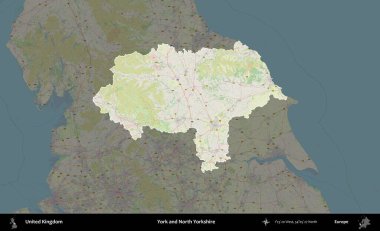 York ve Kuzey Yorkshire. Birleşik Krallık 'ın idari alanı karartılmış bir OpenStreetMap tarzı Alman haritasına vurgulanmış ve özetlenmiştir
