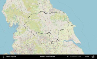 York ve Kuzey Yorkshire. Bir OpenStreetMap Alman stil haritasında Birleşik Krallık 'ın özetlenmiş idari alanı