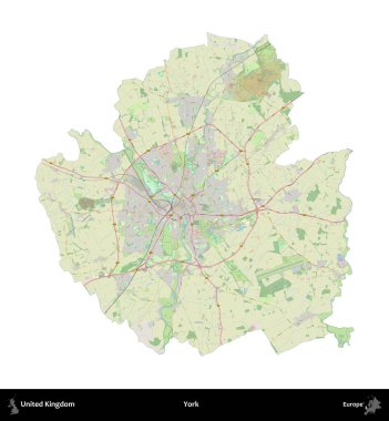 - York. Birleşik Krallık 'ın idari alanı bir OpenStreetMap Alman stili haritasında beyazda izole edildi