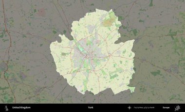 - York. Birleşik Krallık 'ın idari alanı karartılmış bir OpenStreetMap tarzı Alman haritasına vurgulanmış ve özetlenmiştir
