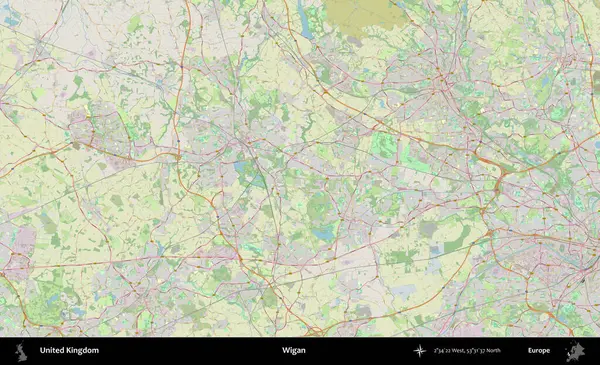 Wigan. Bir OpenStreetMap Alman stil haritası üzerinde Birleşik Krallık 'ın idari alanı