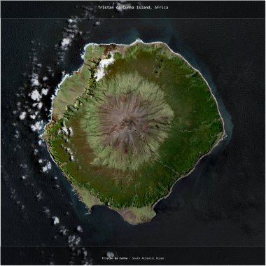 Güney Atlantik Okyanusu 'ndaki Tristan da Cunha Adası, Saint Helena, Ascension ve Tristan da Cunha' ya ait. 8 Aralık 2019 'da çekilmiş bir uydu görüntüsü.