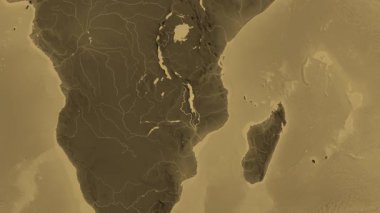 Malawi haritası. Sınır. Sepia. Etiketler