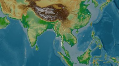 Myanmar haritası. Sınır. Fiziksel olarak. Etiketler