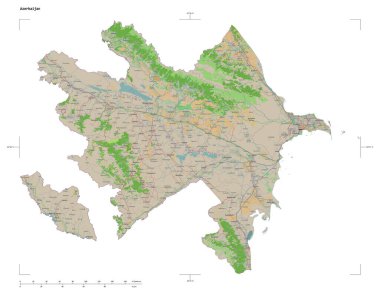 Azerbaycan 'ın OSM Fransa tarzı haritası, uzaklık ölçeği ve harita sınır koordinatlarıyla beyaz üzerinde izole edilmiş bir topoğrafik şekil