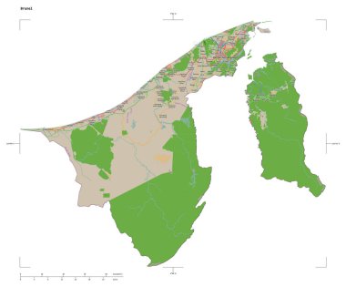 Brunei 'nin bir topoğrafik, OSM Fransa tarzı haritası, uzaklık ölçeği ve harita sınır koordinatları, beyaz üzerinde izole
