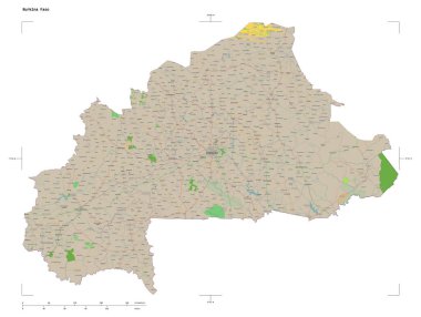 Burkina Faso 'nun OSM Fransa tarzı haritası, uzaklık ölçeği ve harita sınır koordinatlarıyla beyaz üzerinde izole edilmiş bir topoğrafik şekil