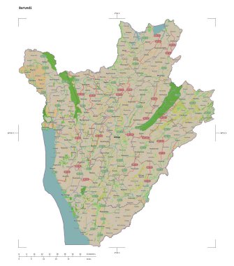 Bir topoğrafik şekli, OSM Fransa tarzı Burundi haritası, uzaklık ölçeği ve harita sınır koordinatları, beyaz üzerinde izole