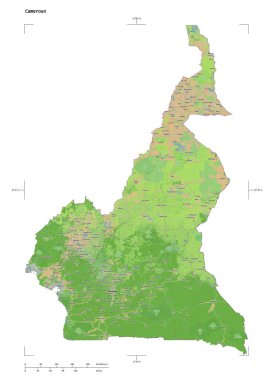 Uzaklık ölçeği ve harita sınır koordinatlarıyla, beyaz üzerinde izole edilmiş, bir topografik, OSM Fransa tarzı Kamerun haritası