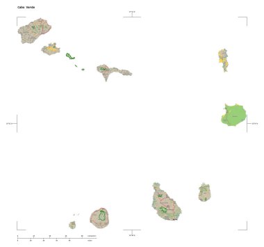 Cabo Verde 'nin OSM Fransa tarzı haritası, uzaklık ölçeği ve harita sınır koordinatlarıyla beyaz üzerinde izole edilmiş bir topoğrafik şekil