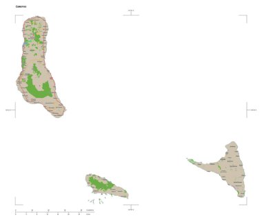 Bir topoğrafik şekli, OSM Fransa tarzı Comoros haritası, uzaklık ölçeği ve harita sınır koordinatları, beyaz üzerinde izole