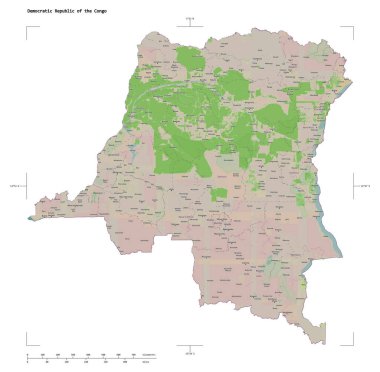 Kongo Demokratik Cumhuriyeti 'nin OSM Fransa tarzı haritası. Uzaklık ölçeği ve harita sınır koordinatları beyaz üzerinde izole edilmiş.