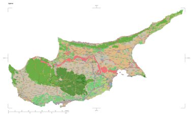 Uzaklık ölçeği ve harita sınır koordinatlarıyla beyaz üzerinde izole edilmiş, bir topoğrafik, OSM Fransa tarzı Kıbrıs haritası