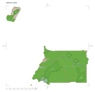 Ekvator Ginesi 'nin OSM Fransa tarzı haritasının topografik şekli, uzaklık ölçeği ve harita sınır koordinatları beyaz üzerinde izole edilmiş.