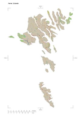 Faroe Adaları 'nın OSM Fransa tarzı haritası, uzaklık ölçeği ve harita sınır koordinatlarıyla beyaz üzerinde izole edilmiş bir topoğrafik şekil