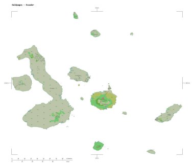 Bir topoğrafik şekli, OSM Fransa tarzı Galapagos haritası - Ekvador, uzaklık ölçeği ve harita sınır koordinatları, beyaz üzerinde izole