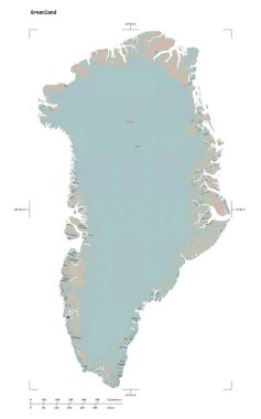 Grönland 'ın uzaklık ölçeği ve harita sınır koordinatlarıyla beyaz üzerinde izole edilmiş bir topoğrafik OSM Fransa tarzı haritası.