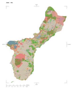 Guam - ABD 'nin, uzaklık ölçeği ve harita sınır koordinatlarıyla izole edilmiş bir topoğrafik OSM Fransa tarzı haritası.