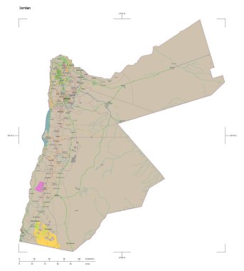 Bir topoğrafik, OSM Fransa tarzı Ürdün haritası, uzaklık ölçeği ve harita sınır koordinatları, beyaz üzerinde izole