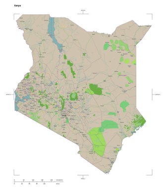Kenya 'nın OSM Fransa tarzı haritası, uzaklık ölçeği ve harita sınır koordinatlarıyla beyaz üzerinde izole edilmiş bir topoğrafik şekil