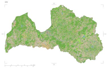 Bir topoğrafi, OSM Fransa tarzı Letonya haritası, uzaklık ölçeği ve harita sınır koordinatları, beyaz üzerinde izole