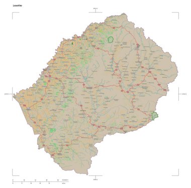 Lesotho 'nun bir topoğrafik, OSM Fransa tarzı haritası, uzaklık ölçeği ve harita sınır koordinatları, beyaz üzerinde izole