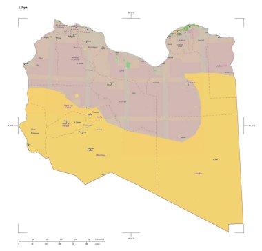 Bir topoğrafi, OSM Fransa tarzı Libya haritası, uzaklık ölçeği ve harita sınır koordinatları, beyaz üzerinde izole