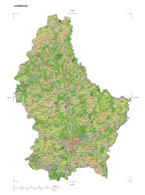 Lüksemburg 'un bir topoğrafik, OSM Fransa tarzı haritası, uzaklık ölçeği ve harita sınır koordinatlarıyla beyaz üzerinde izole edilmiş.