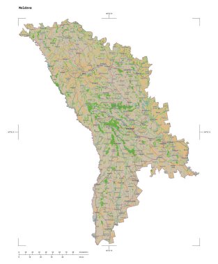 Moldova 'nın uzaklık ölçeği ve harita sınır koordinatlarıyla beyaz üzerinde izole edilmiş bir topoğrafik, OSM Fransa tarzı haritası