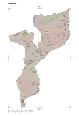 Mozambik 'in bir topoğrafi, OSM Fransa tarzı haritası, uzaklık ölçeği ve harita sınır koordinatları, beyaz üzerinde izole