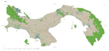 Panama 'nın bir topoğrafi, OSM Fransa tarzı haritası, uzaklık ölçeği ve harita sınır koordinatları, beyaz üzerinde izole