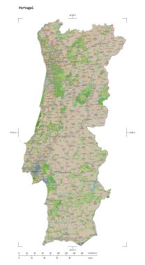 Bir topoğrafik şekli, OSM Fransa tarzı Portekiz haritası, uzaklık ölçeği ve harita sınır koordinatları, beyaz üzerinde izole