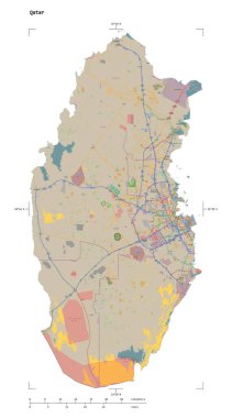 Bir topografik, OSM Fransa tarzı Katar haritası, uzaklık ölçeği ve harita sınır koordinatları, beyaz üzerinde izole