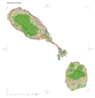 Saint Kitts ve Nevis 'in OSM Fransa tarzı haritası, uzaklık ölçeği ve harita sınır koordinatlarıyla beyaz üzerinde izole edilmiş.