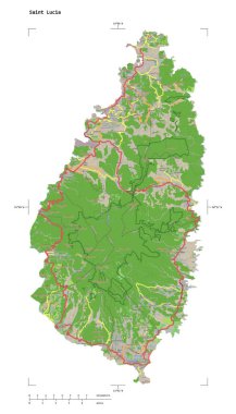 Bir topoğrafik şekli, OSM Fransa tarzı Saint Lucia haritası, uzaklık ölçeği ve harita sınır koordinatları, beyaz üzerinde izole
