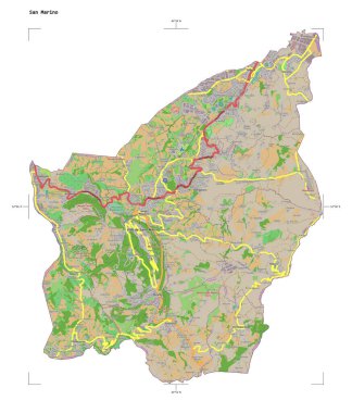 Bir topoğrafik şekli, OSM Fransa tarzı San Marino haritası, uzaklık ölçeği ve harita sınır koordinatları, beyaz üzerinde izole