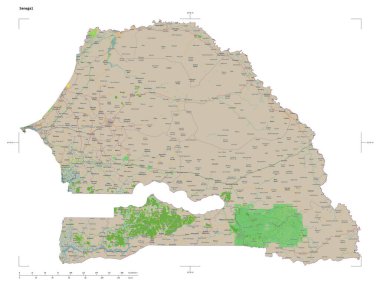 Senegal 'in bir topoğrafik, OSM Fransa tarzı haritası, uzaklık ölçeği ve harita sınır koordinatları, beyaz üzerinde izole