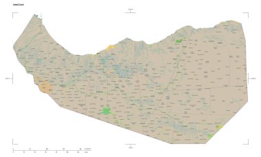 Somaliland 'ın bir topoğrafik, OSM Fransa tarzı haritası, uzaklık ölçeği ve harita sınır koordinatları, beyaz üzerinde izole
