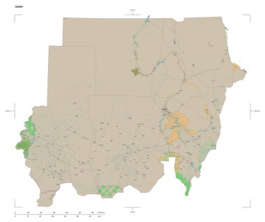 Sudan 'ın OSM Fransa tarzı haritası, uzaklık ölçeği ve harita sınır koordinatlarıyla beyaz üzerinde izole edilmiş bir topoğrafik şekil