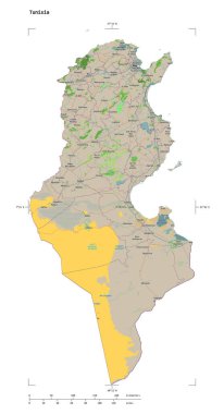 Bir topoğrafik şekli, OSM Fransa tarzı Tunus haritası, uzaklık ölçeği ve harita sınır koordinatları, beyaz üzerinde izole