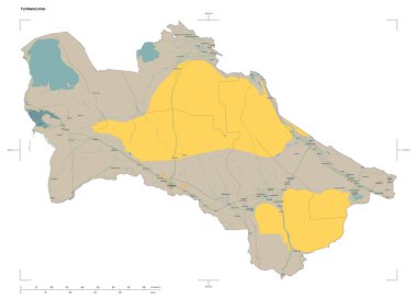 Türkmenistan 'ın uzaklık ölçeği ve harita sınır koordinatlarıyla beyaz üzerinde izole edilmiş bir topoğrafik, OSM Fransa tarzı haritası